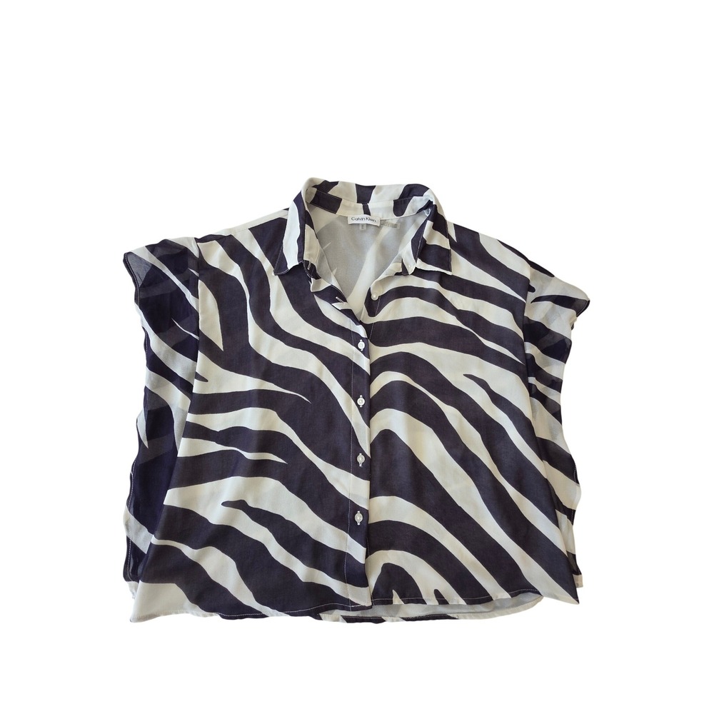 Zebra Print Sheer Button Up Blouse Medium Black White Animal Print Mob Wife
